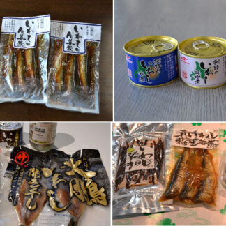 左上から時計回りに、おが和の「生姜煮」、マルハニチロ北日本で製造する３種類の缶詰、小町園で販売している商品、マルサ笹谷商店の各種商品