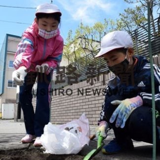 コスモス街道、距離取って児童ら種まき(2020-05-29)