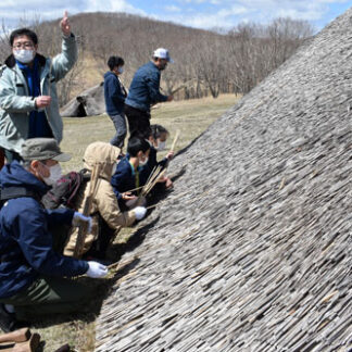 ＧＷ　各地で楽しむ　ヨシで屋根ふき体験、北斗遺跡竪穴住居(2021-05-02)