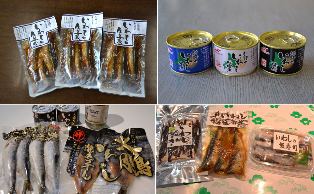 左上から時計回りに、おが和の「生姜煮」、マルハニチロ北日本で製造する3種類の缶詰、小町園で販売している商品、マルサ笹谷商店の各種商品