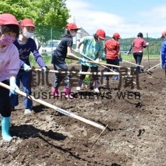 阿寒小４年生、山崎さんの指導で農園活動(2022-05-31)